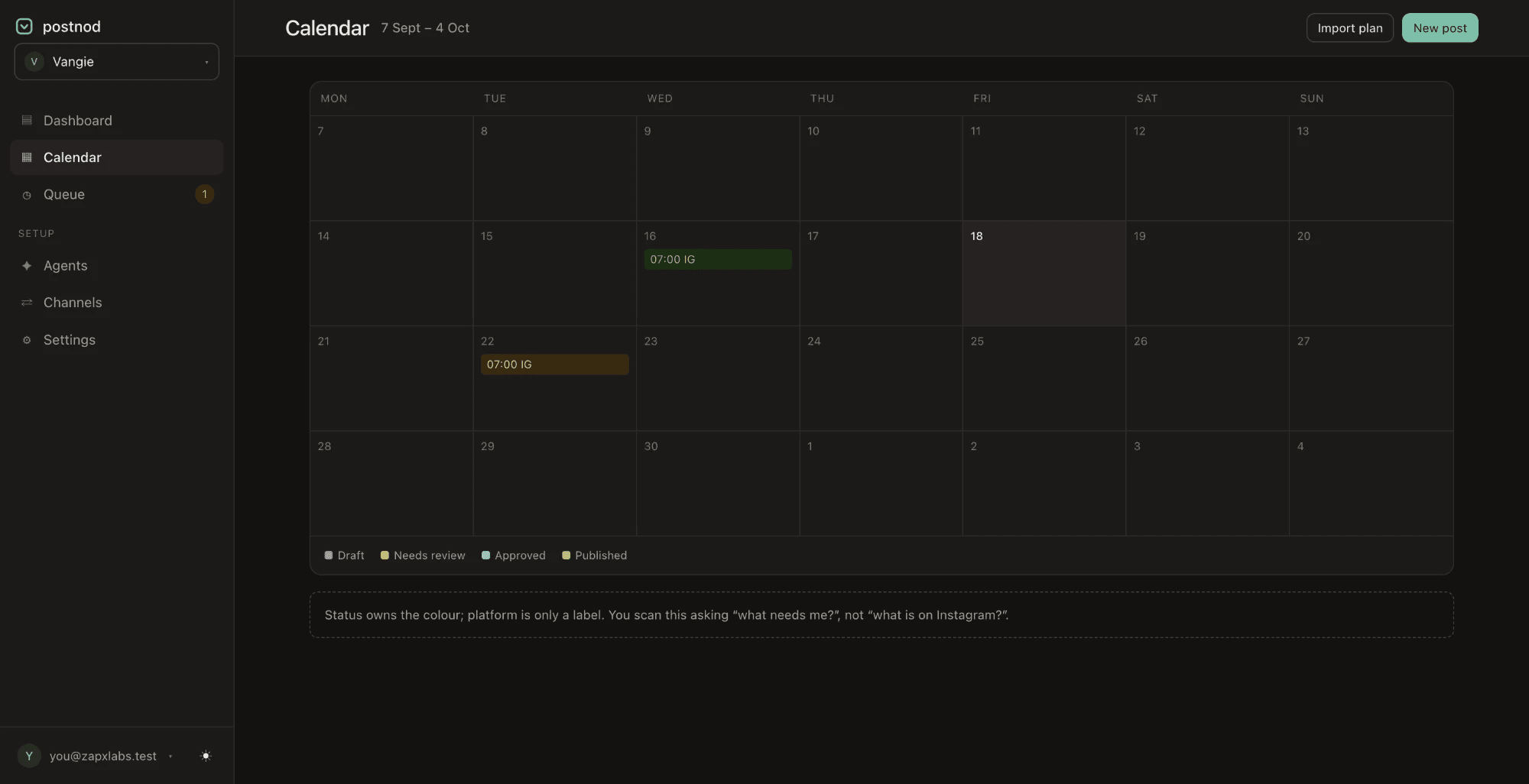 Postnod content calendar with posts coloured by status