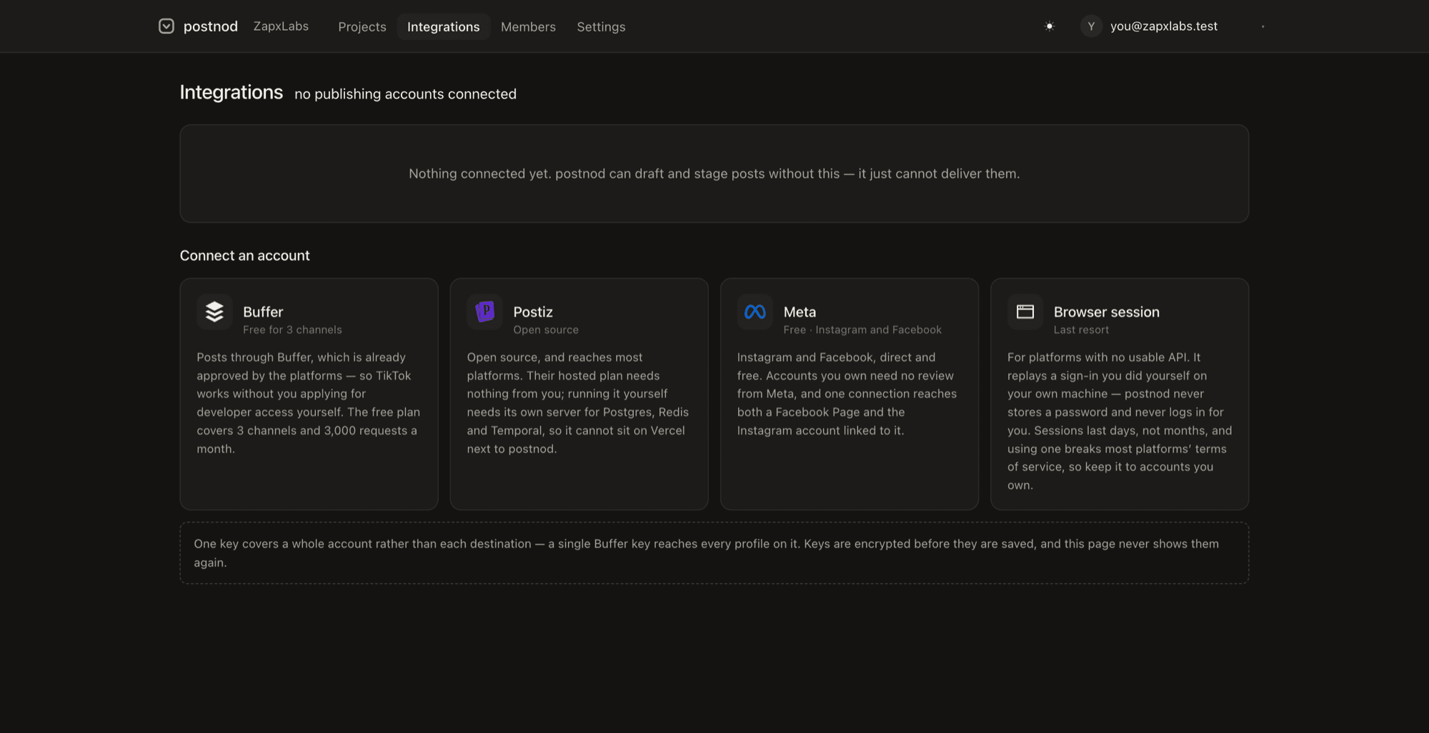 Postnod integrations page with Buffer, Postiz, Meta, and browser session options