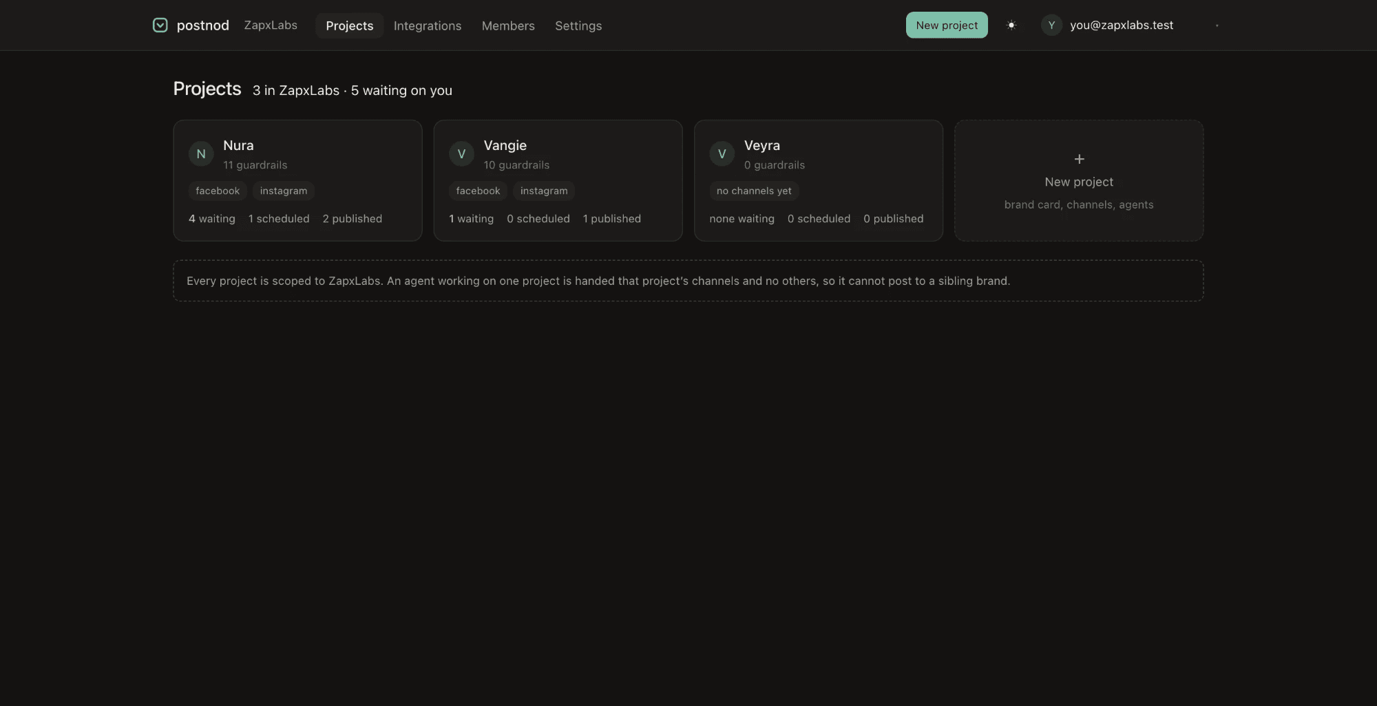Postnod projects view listing Nura, Vangie, and Veyra brands