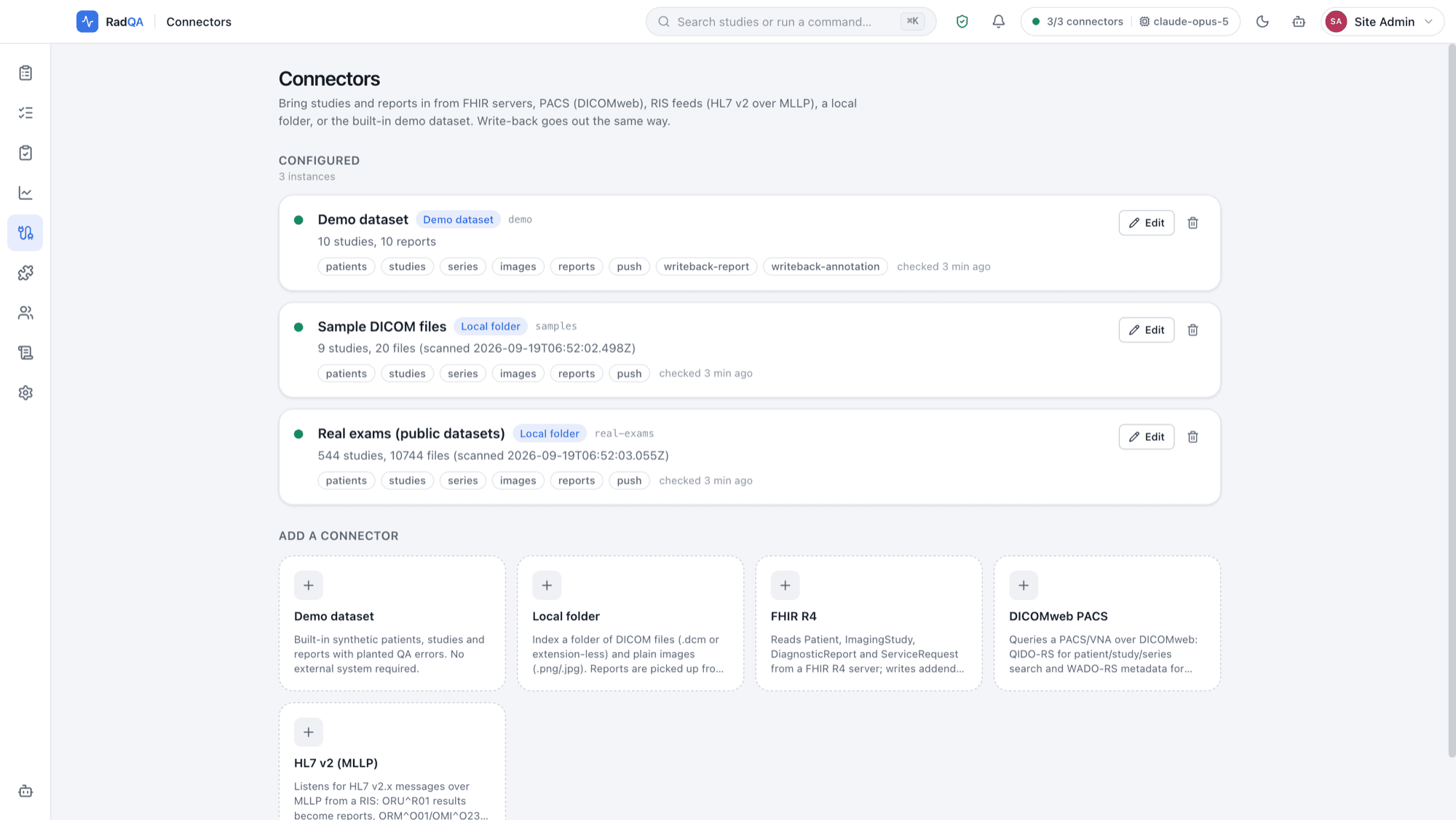 RadQA connectors page listing configured sources and available connector types